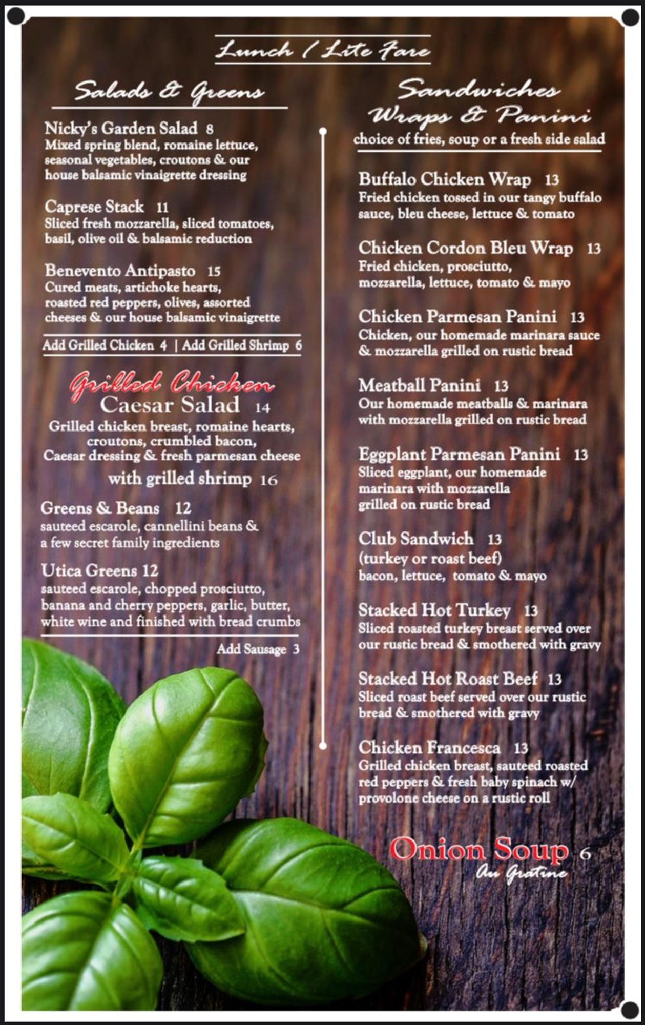 Menu Nicolino's Restaurant